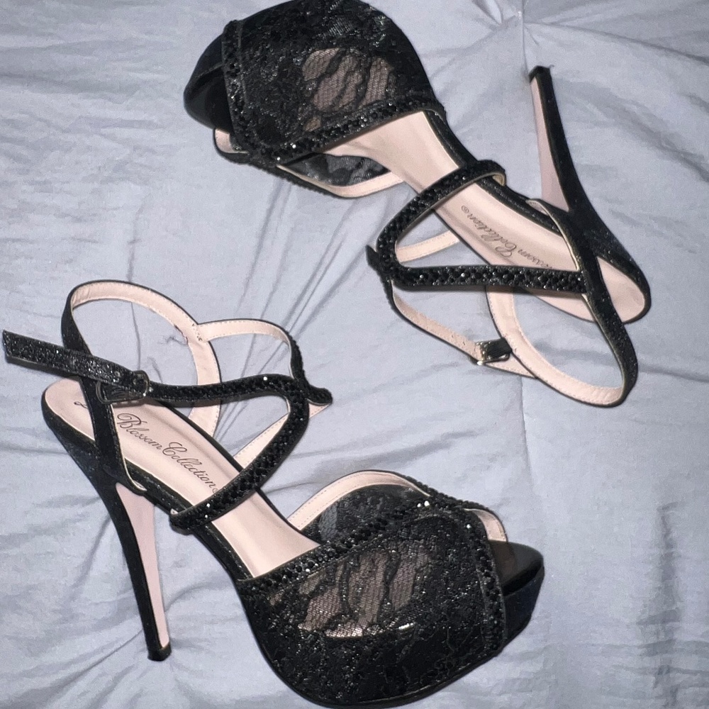 Black lace and rhinestone heels
